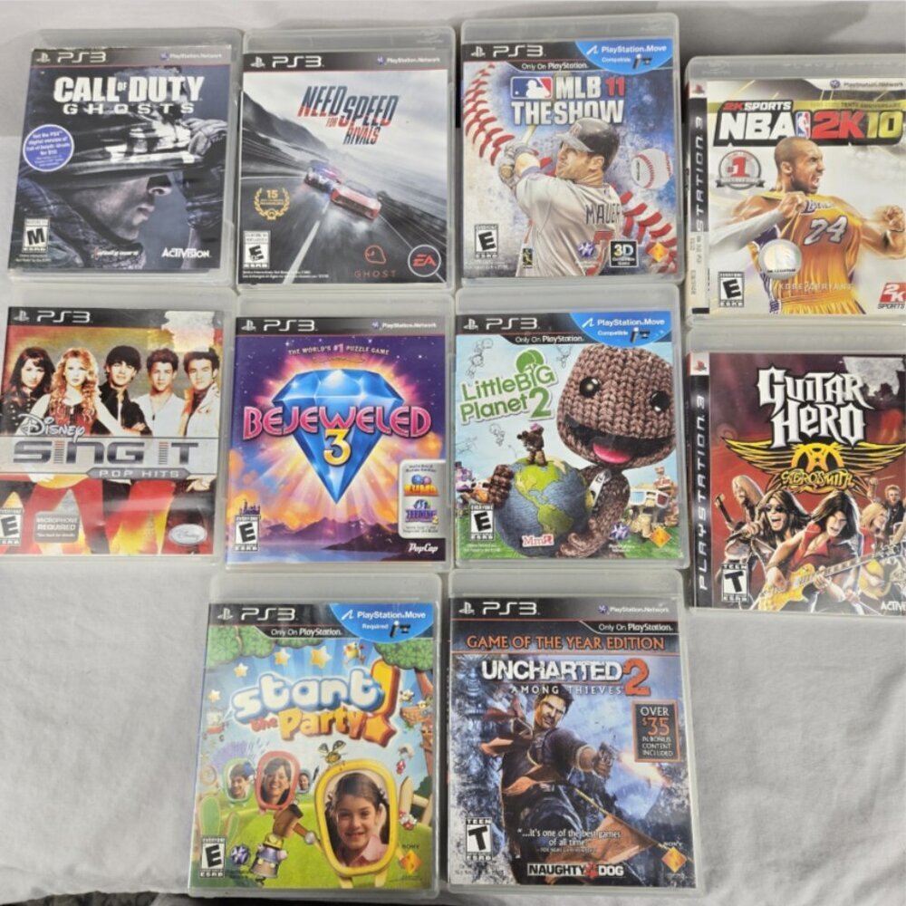 PS3 Lot of 10 PlayStation 3 Call Duty, NBA, Guitar, MLB, Uncharted 2, Speed Work